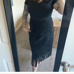 Black vintage suede fringe skirt made in the USA